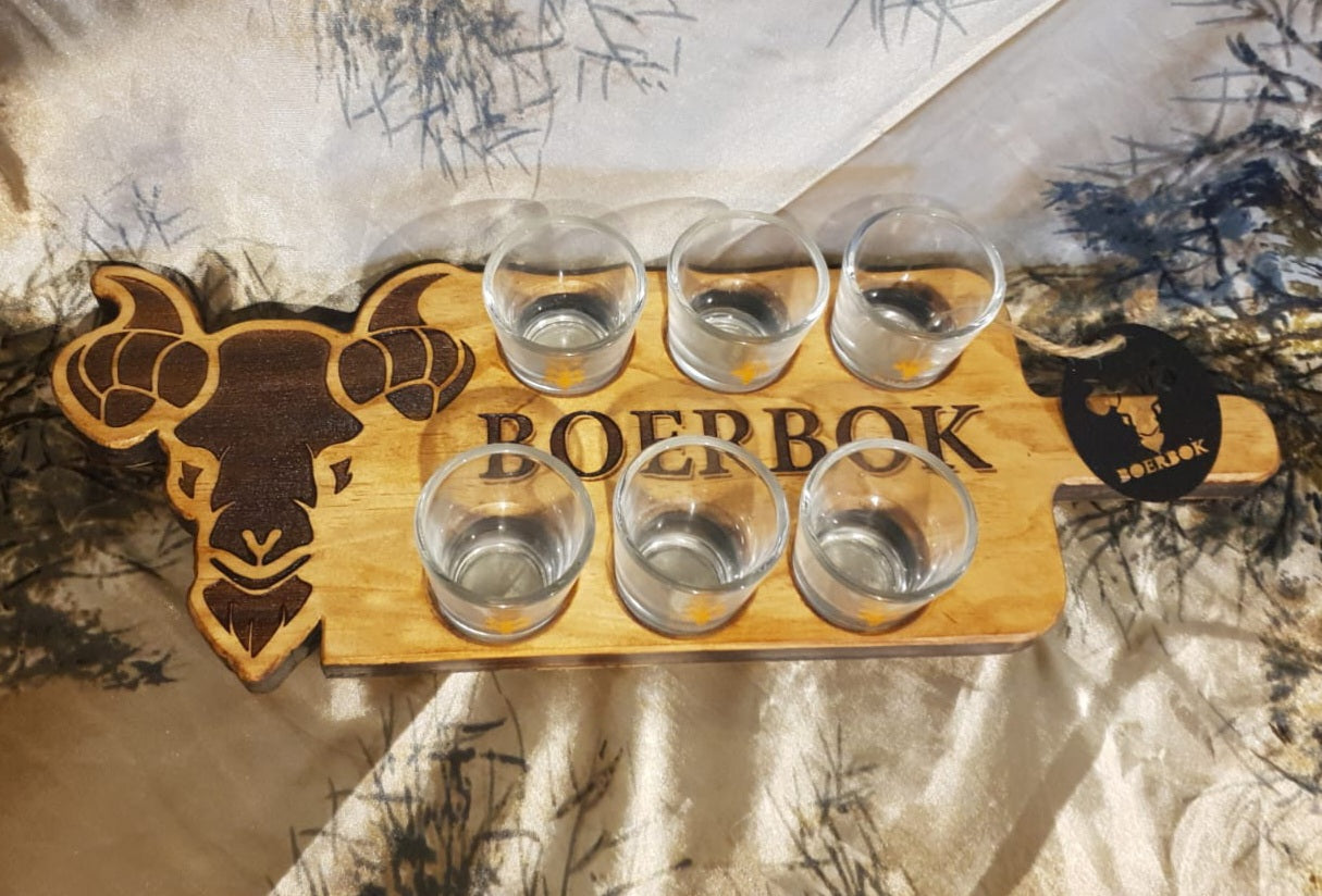 Boerbok Wooden Tray with 6 shot glasses